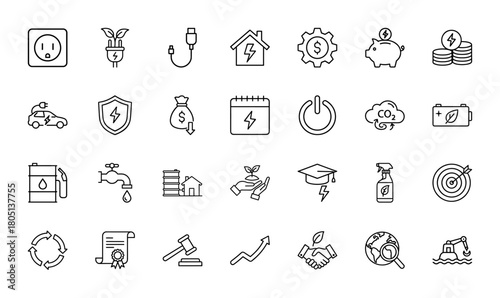 Energy, economy, and environment line icon set. Vector pictograms of power, money, oil, water, plant, globe, graph, and recycling, thin linear illustration.