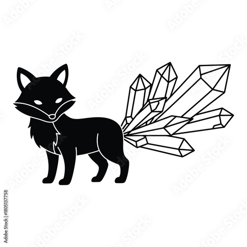 Fox with crystal tail isolated on in black and white