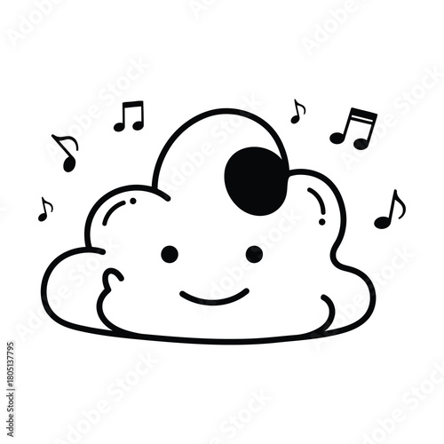 Cute cloud character surrounded by musical notes isolated on