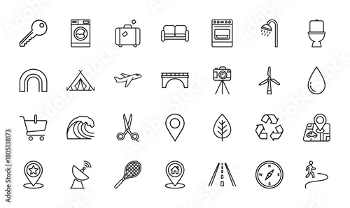 General lifestyle and utility line icon set. Vector pictograms of key, washing machine, sofa, airplane, camera, shopping cart, map, compass, and recycling, thin linear illustration.
