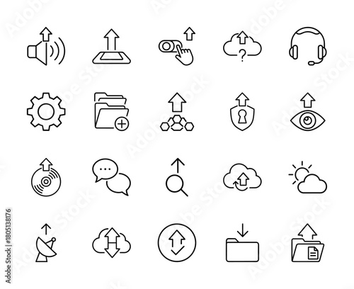 Technology and data vector line icon set, featuring symbols for communication, settings, file management, security, cloud services, and data transfer.