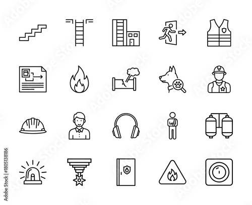 Safety and security line icon set. Vector pictograms of stairs, ladder, emergency exit, fire, broken pipe, safety vest, hard hat, alarm, and sprinkler, thin linear illustration.