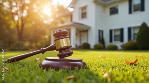 Gavel on Lawns: A wooden gavel rests on the grass outside a white house during the fall season under a sunny sky, symbolizing legal action or property law. 