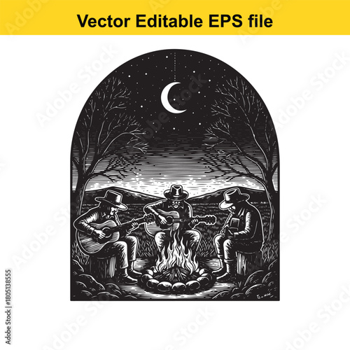 Three cowboys playing guitar around a campfire under a starry night sky with a crescent moon