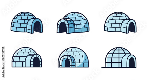 Illustration of six blue igloos displaying different angles and perspectives