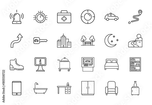 General lifestyle line icon set. Vector pictograms of siren, first aid, taxi, navigation, city, park, moon, boot, ATM, bed, smartphone, bathtub, desk, armchair, thin linear illustration.
