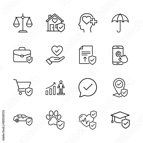 Insurance and protection line icon set. Vector pictograms covering home, health, auto, life, business, legal, education, and pet, thin linear illustration.