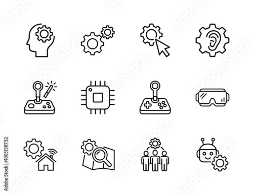 Technology development and gaming line icon set. Vector pictograms of creative thinking, settings, game controllers, microchip, VR headset, smart home, team, and robot, thin linear illustration.