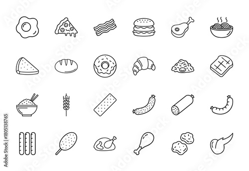 Food line icon set. Vector pictograms of fried egg, pizza slice, burger, bacon, bread, donut, sausage, chicken leg, and noodles, thin linear illustration.