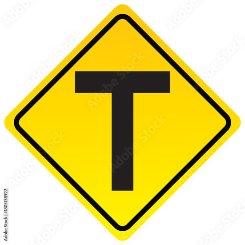 T-intersection road sign yellow diamond shape warning of a junction ahead for drivers and traffic safety