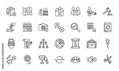 General concepts line icon set. Vector pictograms of copyright, map, finance, voting, forbidden users, payment, law, shop, camera, search, document, and trophy, thin linear illustration.