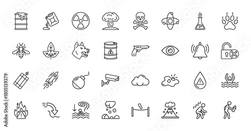 Hazard and warning line icon set. Vector pictograms of radioactivity, explosion, skull, chemicals, security, crime, natural disaster, fire, and pollution, thin linear illustration.
