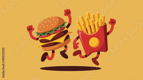 Cartoon burger and fries duo running playfully for fast food fun, perfect for kids' menus, restaurant promotions, and whimsical designs