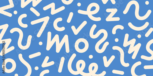 Fun blue seamless pattern. Creative doodle abstract style art background for kids. Trendy texture design with contemporary basic shapes. Vector illustration