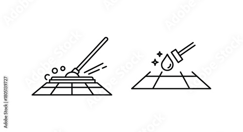 Cleaning process showing a mop and bucket with water droplets on floor