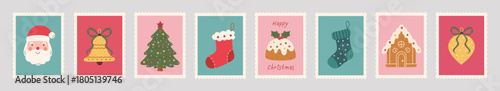 Christmas postage stamp set:hand-drawn tree,Santa, stockings,bell, bows, pudding, gingerbread house. Soft pink, teal, and red tones with scalloped edges create vintage, festive vector Xmas mail style.