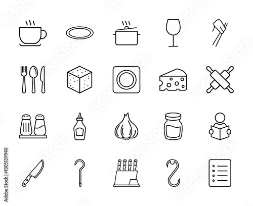 Food and kitchenware line icon set. Vector pictograms of a hot cup, plate, cooking pot, wine glass, cutlery, cheese, rolling pins, garlic, knife block, and a recipe, thin linear illustration.