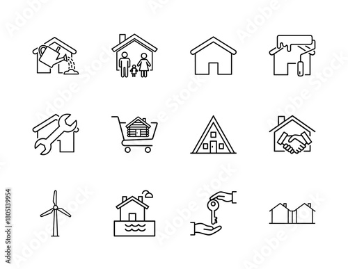 Real estate and home services line icon set. Vector pictograms of house, family, repair, renovation, property sale, green energy, key, and neighborhood, thin linear illustration.