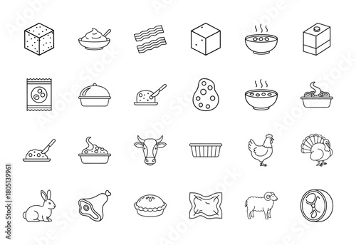 Food and grocery line icon set. Vector pictograms of cheese, bacon, soup, milk, noodles, potato, cow, chicken, turkey, rabbit, lamb, and pie, thin linear illustration.