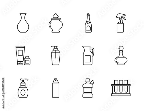 Containers and bottles line icon set. Vector pictograms of vase, jar, spray bottle, lotion tube, pump bottle, pitcher, decanter, and test tubes, thin linear illustration.