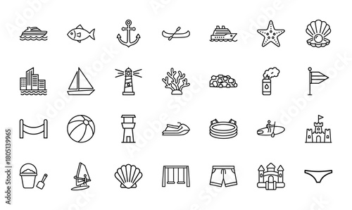 Summer and beach line icon set. Vector pictograms of speedboat, fish, anchor, cruise ship, starfish, sandcastle, beach ball, lifeguard tower, thin linear illustration.