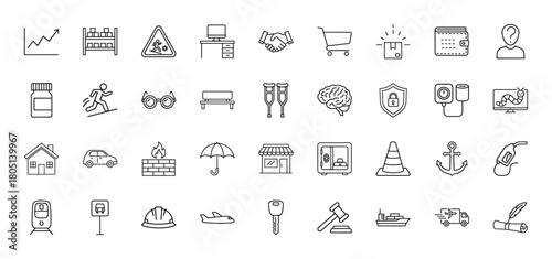 Business, medical, and transport line icon set. Vector pictograms of charts, handshakes, shopping carts, wallets, brains, houses, cars, safes, and gavels, thin linear illustration.