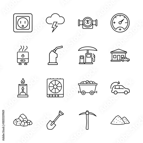 Energy and resources line icon set. Vector pictograms of electric socket, lightning, fuel nozzle, water heater, mine cart, shovel, pickaxe, and coal, thin linear illustration.