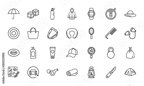 Activity and travel essentials line icon set. Vector pictograms of umbrella, dice, water bottle, raincoat, hat, neck pillow, soap, lantern, and tent, thin linear illustration.
