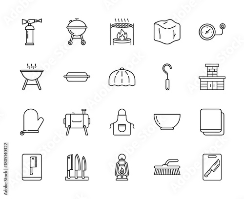 Barbecue and grilling line icon set. Vector pictograms of grill, torch, smoker, oven, apron, mitt, lantern, knives, and cooking tools, thin linear illustration.