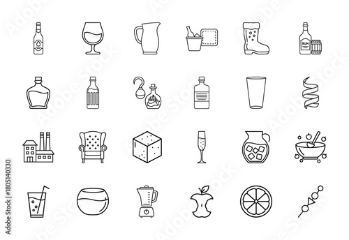 Beverage line icon set. Vector pictograms of beer, wine, rum, decanters, pitchers, glasses, blender, fruit, ice, and cocktail items, thin linear illustration.
