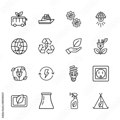 Ecology and energy sustainability line icon set. Vector pictograms of eco transportation, global energy, recycling, and green technology, thin linear illustration.