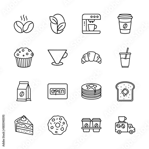 Cafe and breakfast line icon set. Vector pictograms of coffee beans, machine, takeaway cup, muffin, croissant, pancakes, toast, cake, donut, and coffee truck, thin linear illustration.