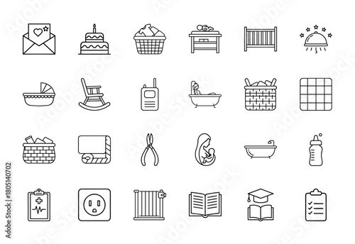 Home and family line icon set. Vector pictograms of baby essentials, domestic chores, learning, and celebration items, thin linear illustration.