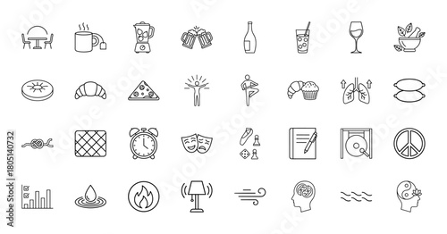 Everyday life line icon set. Vector pictograms of dining, food, drinks, relaxation, health, hobbies, abstract concepts, thin linear illustration.