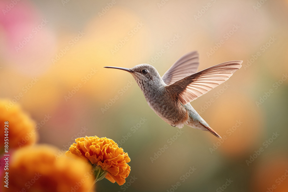 Obraz premium Hummingbird in flight. Detailed shot of a small bird hovering, wings spread, near a vibrant orange flower. Symbol of grace, agility, and natures beauty.