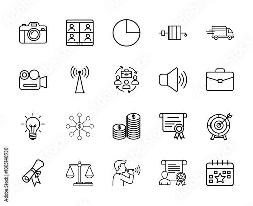 Corporate development line icon set. Vector pictograms of camera, video call, pie chart, delivery, teamwork, idea, money, and certificate, thin line illustration.