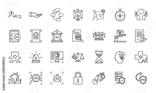 Technology and justice line icon set. Vector pictograms of AI chip, gavel, padlock, smart home, courthouse, certificate, server, compass, thin linear illustration.
