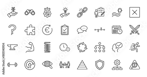 Business and strategy line icon set. Vector pictograms of growth, vision, ideas, tasks, solutions, communication, time, and security, thin linear illustration.