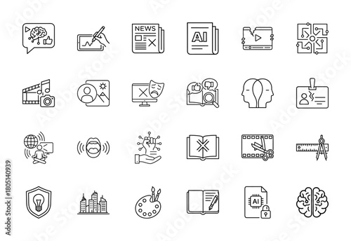 Creative technology and digital media line icon set. Vector pictograms of brain, drawing, news, camera, network, design tools, and AI documents, thin linear illustration.