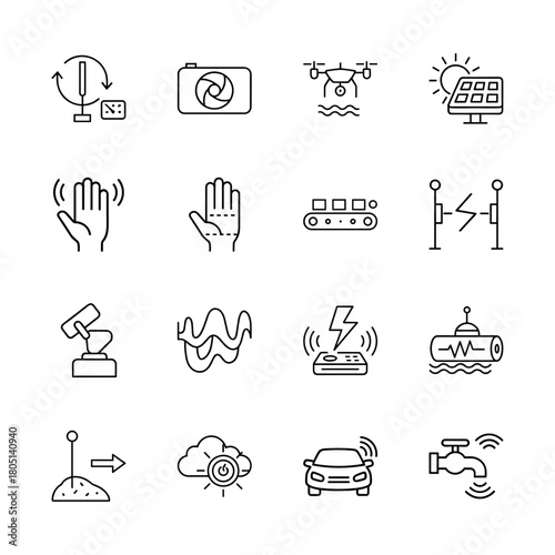 Smart technology line icon set. Vector pictograms of camera, drone, solar panel, gestures, conveyor, robotic arm, signal, autonomous car, and sensors, thin linear illustration.