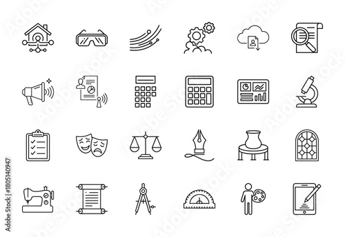 Technology, business, and education line icon set. Vector pictograms of smart home, VR glasses, cloud data, financial report, microscope, scales, and art tools, thin linear illustration.