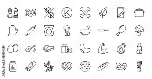 Food and cooking line icon set, featuring kitchenware, ingredients, meals, and dietary elements.