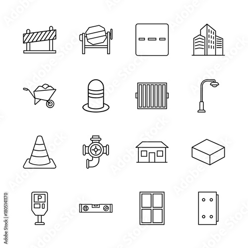 Infrastructure and construction line icon set. Vector pictograms of barrier, mixer, buildings, road, wheelbarrow, cone, hydrant, and parking meter, thin linear illustration.