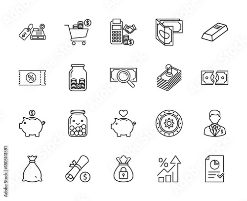 Finance and banking line icon set. Vector pictograms of cash register, shopping cart, gold bar, coupon, money jar, piggy bank, and growth chart, thin linear illustration.