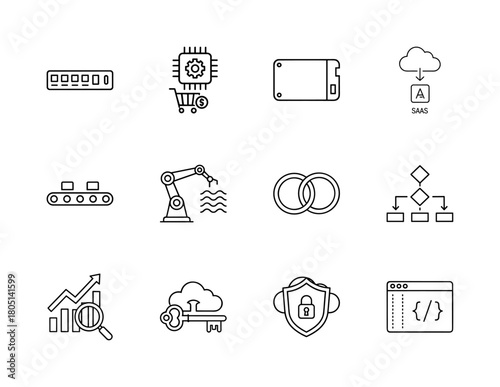 Technology and industry line icon set. Vector pictograms of computer hardware, SAAS, manufacturing conveyor, robotic arm, data analytics, cloud key, and cybersecurity shield, thin linear illustration.
