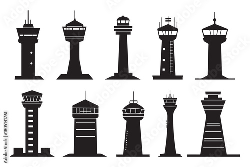 Control Tower Icon Set – Airport Navigation Vector Illustration. Control Tower Silhouette Icons.