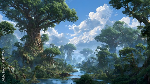 Serene heavily forested landscape with very old trees towering over regular ones, lush vegetation and really blue sky with fluffy clouds, rivers flowing 