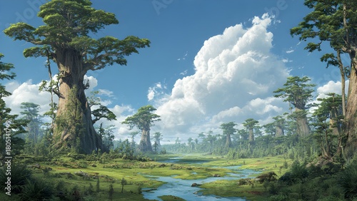 Serene heavily forested landscape with very old trees towering over regular ones, lush vegetation and really blue sky with fluffy clouds, rivers flowing 