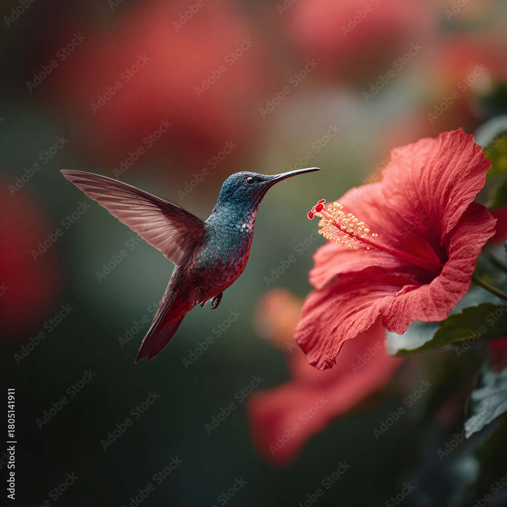 Fototapeta premium Vibrant image of a hummingbird in midflight, approaching a bright red hibiscus flower. Symbolizes nature, beauty, and the delicate balance of ecosystems. Serene, colorful.