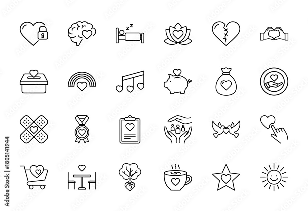 Fototapeta premium Love, care, well-being vector line icon set. Thin linear illustrations for health, family, and emotional support.